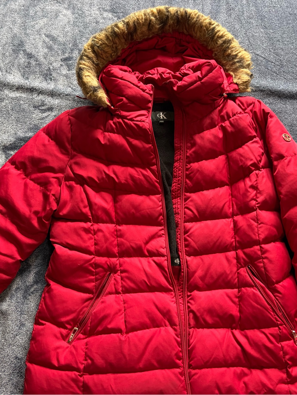 Calvin Klein Red and Black Faux Fur-Trim Hooded Jacket